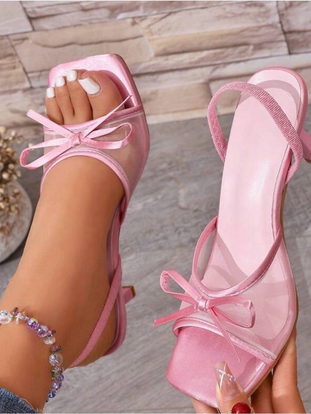 SHEIN Pink Satin Bow Slingback Heels